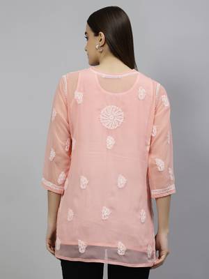 hand embroidered peach georgette lucknowi chikankari top with slip 2