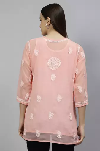 hand embroidered peach georgette lucknowi chikankari top with slip