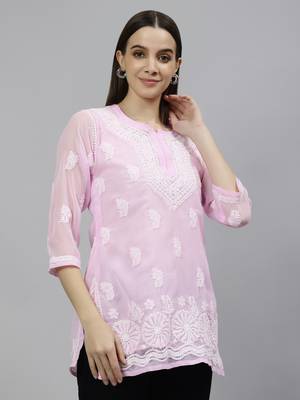 hand embroidered pink georgette lucknowi chikankari top with slip 2