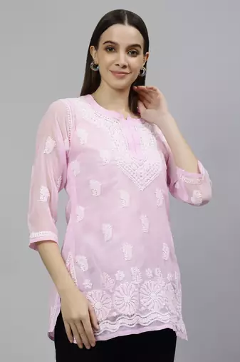 hand embroidered pink georgette lucknowi chikankari top with slip