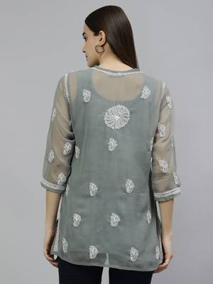 hand embroidered grey georgette lucknowi chikankari top with slip 2