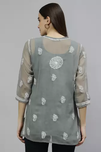 hand embroidered grey georgette lucknowi chikankari top with slip