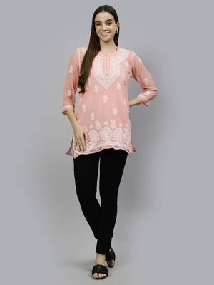 hand embroidered peach georgette lucknowi chikankari top with slip 3
