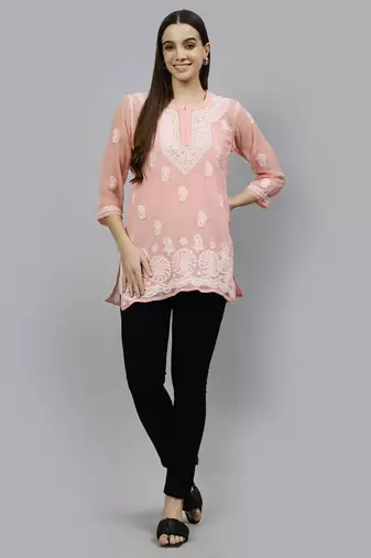 hand embroidered peach georgette lucknowi chikankari top with slip