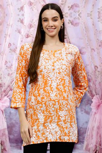 hand embroidered orange cotton lucknowi chikankari top