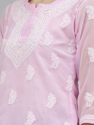 hand embroidered pink georgette lucknowi chikankari top with slip 3