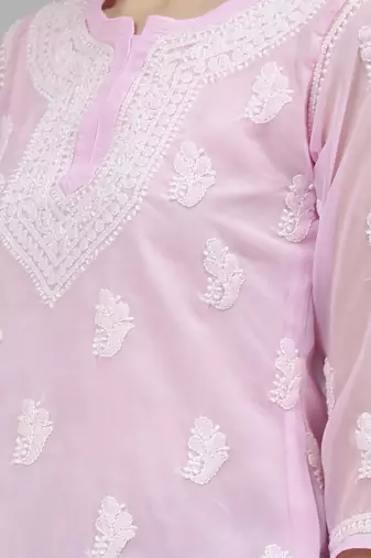 hand embroidered pink georgette lucknowi chikankari top with slip