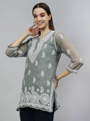 hand embroidered grey georgette lucknowi chikankari top with slip 3