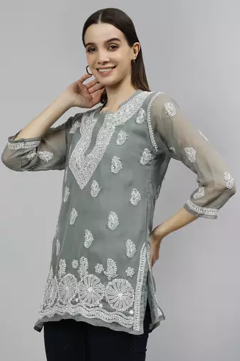 hand embroidered grey georgette lucknowi chikankari top with slip
