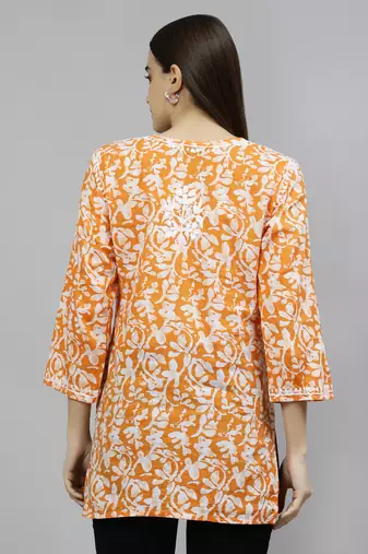 hand embroidered orange cotton lucknowi chikankari top