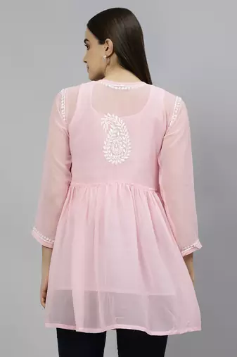 hand embroidered pink cotton lucknowi chikankari top with slip