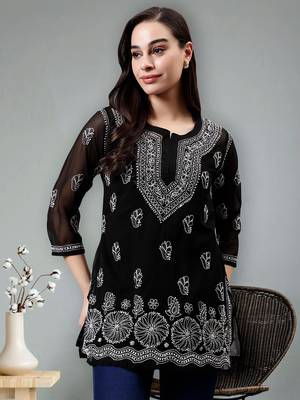 hand embroidered black georgette lucknowi chikankari top with slip 1