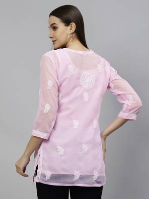 hand embroidered pink georgette lucknowi chikankari top with slip 4