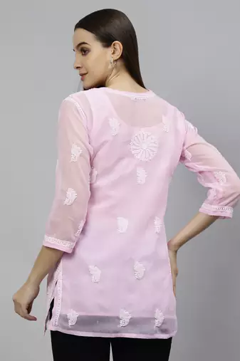 hand embroidered pink georgette lucknowi chikankari top with slip