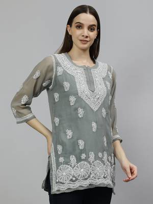 hand embroidered grey georgette lucknowi chikankari top with slip 4