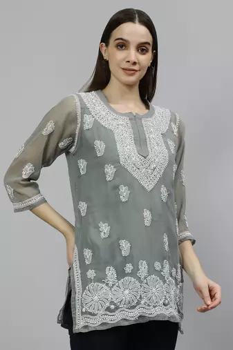 hand embroidered grey georgette lucknowi chikankari top with slip