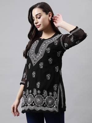 hand embroidered black georgette lucknowi chikankari top with slip 2