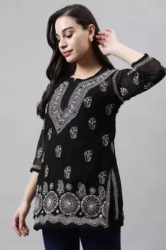 hand embroidered black georgette lucknowi chikankari top with slip