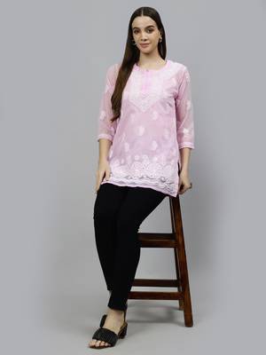 hand embroidered pink georgette lucknowi chikankari top with slip 5