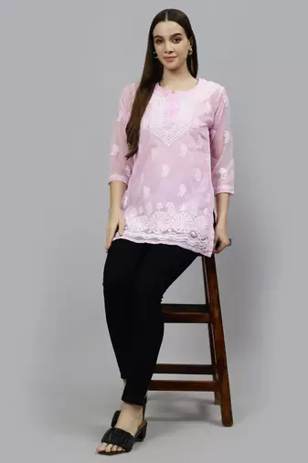 hand embroidered pink georgette lucknowi chikankari top with slip