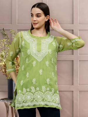 hand embroidered green georgette lucknowi chikankari top with slip 1