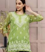hand embroidered green georgette lucknowi chikankari top with slip
