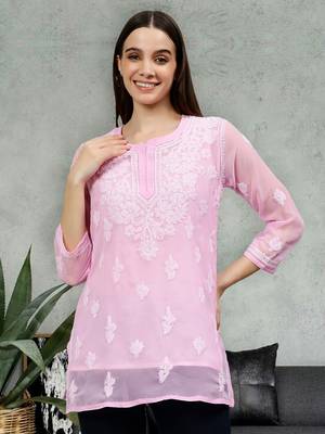 hand embroidered pink georgette lucknowi chikankari top with slip 1