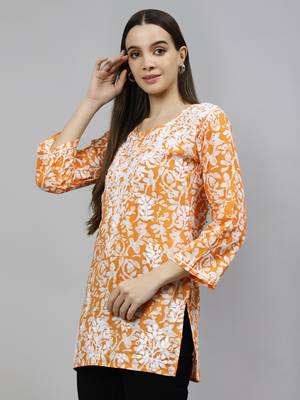 hand embroidered orange cotton lucknowi chikankari top 3