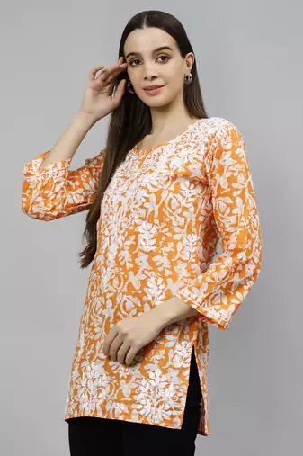 hand embroidered orange cotton lucknowi chikankari top