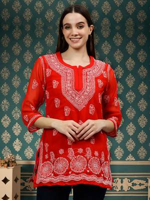 hand embroidered red georgette lucknowi chikankari top with slip 1