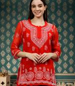hand embroidered red georgette lucknowi chikankari top with slip