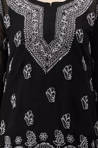 hand embroidered black georgette lucknowi chikankari top with slip