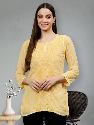 hand embroidered dark beige georgette lucknowi chikankari top with slip 1
