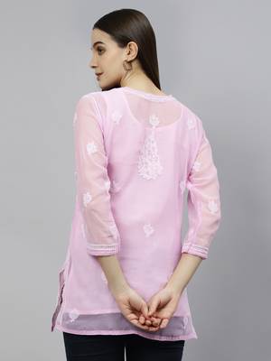 hand embroidered pink georgette lucknowi chikankari top with slip 2