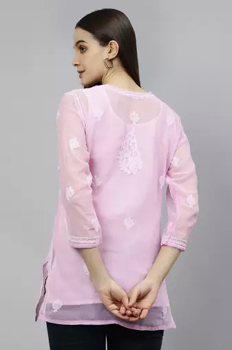 hand embroidered pink georgette lucknowi chikankari top with slip