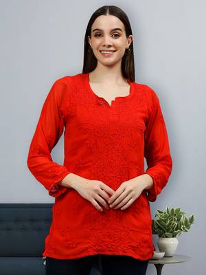 hand embroidered red georgette lucknowi chikankari top with slip 1