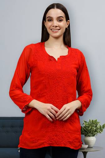 hand embroidered red georgette lucknowi chikankari top with slip