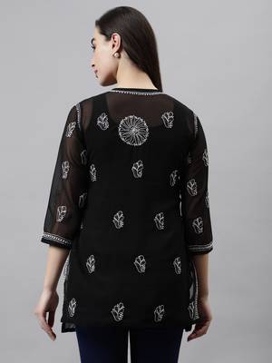 hand embroidered black georgette lucknowi chikankari top with slip 4