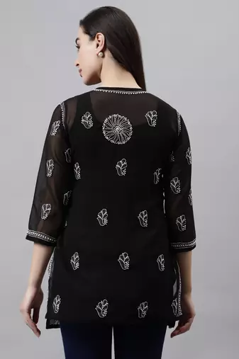 hand embroidered black georgette lucknowi chikankari top with slip