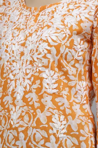 hand embroidered orange cotton lucknowi chikankari top