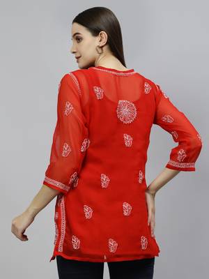hand embroidered red georgette lucknowi chikankari top with slip 2