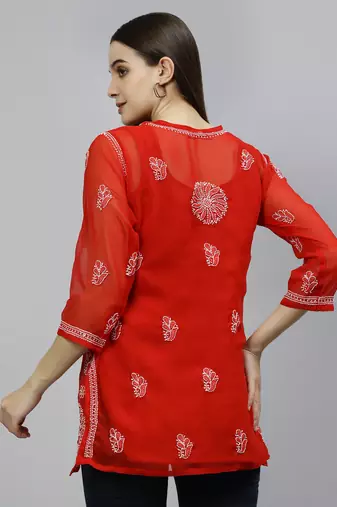 hand embroidered red georgette lucknowi chikankari top with slip