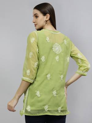 hand embroidered green georgette lucknowi chikankari top with slip 2