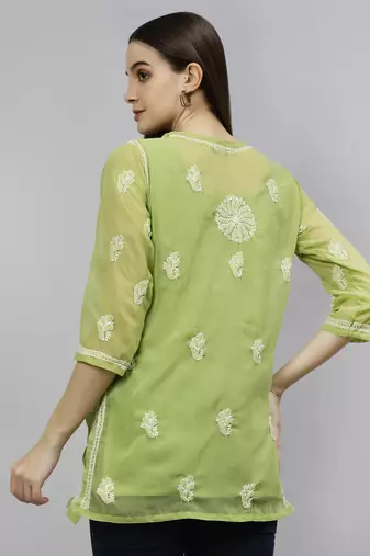 hand embroidered green georgette lucknowi chikankari top with slip