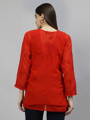hand embroidered red georgette lucknowi chikankari top with slip 2