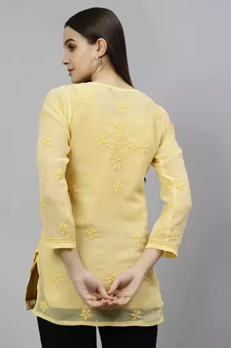 hand embroidered dark beige georgette lucknowi chikankari top with slip