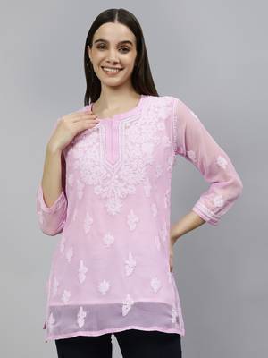 hand embroidered pink georgette lucknowi chikankari top with slip 3
