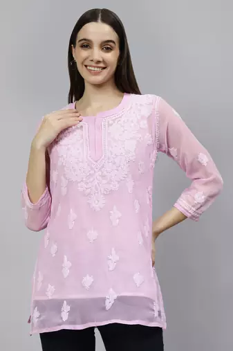 hand embroidered pink georgette lucknowi chikankari top with slip