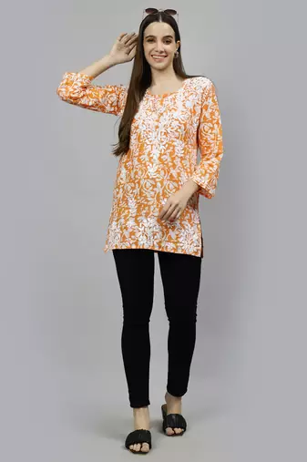 hand embroidered orange cotton lucknowi chikankari top