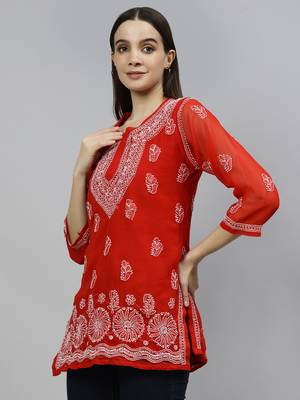 hand embroidered red georgette lucknowi chikankari top with slip 3